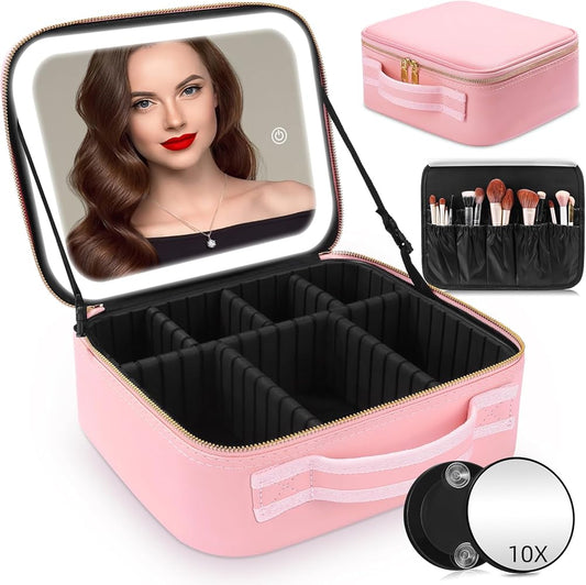 Makeup Train Case with Large Lighted Mirror Adjustable Brightness Large Cosmetic Organizer Storage Adjustable Dividers