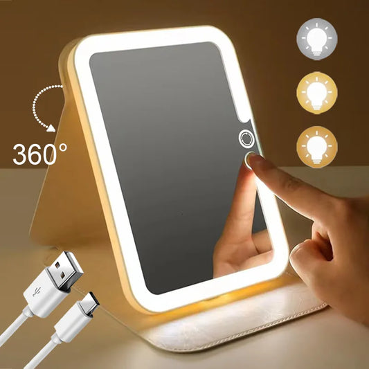 Rechargeable LED Makeup Mirror with Touch Control – 3 Color Modes, Foldable & Portable for Home or Travel